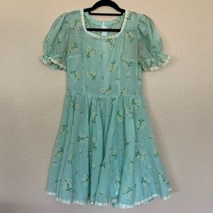 Sea Foam Green Floral Daisy Translucent Cover Dress with Puffy Sleeves